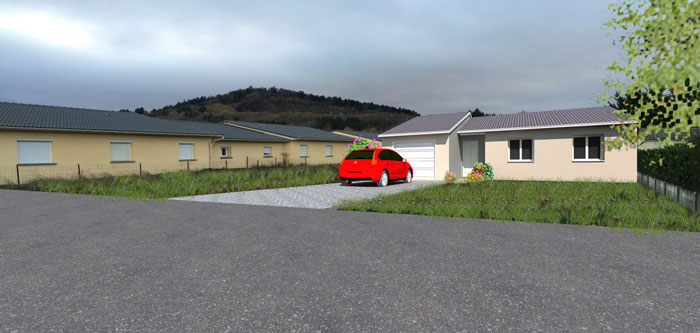 Projet d'une maison individuelle de plain pied. Couverture couleur ardoise, crépi gratté et volets roulants motorisés.